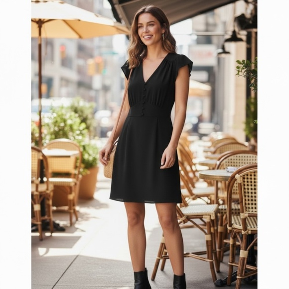 Calvin Klein Black V-Neck Cap Sleeve Mini Dress with Button Front